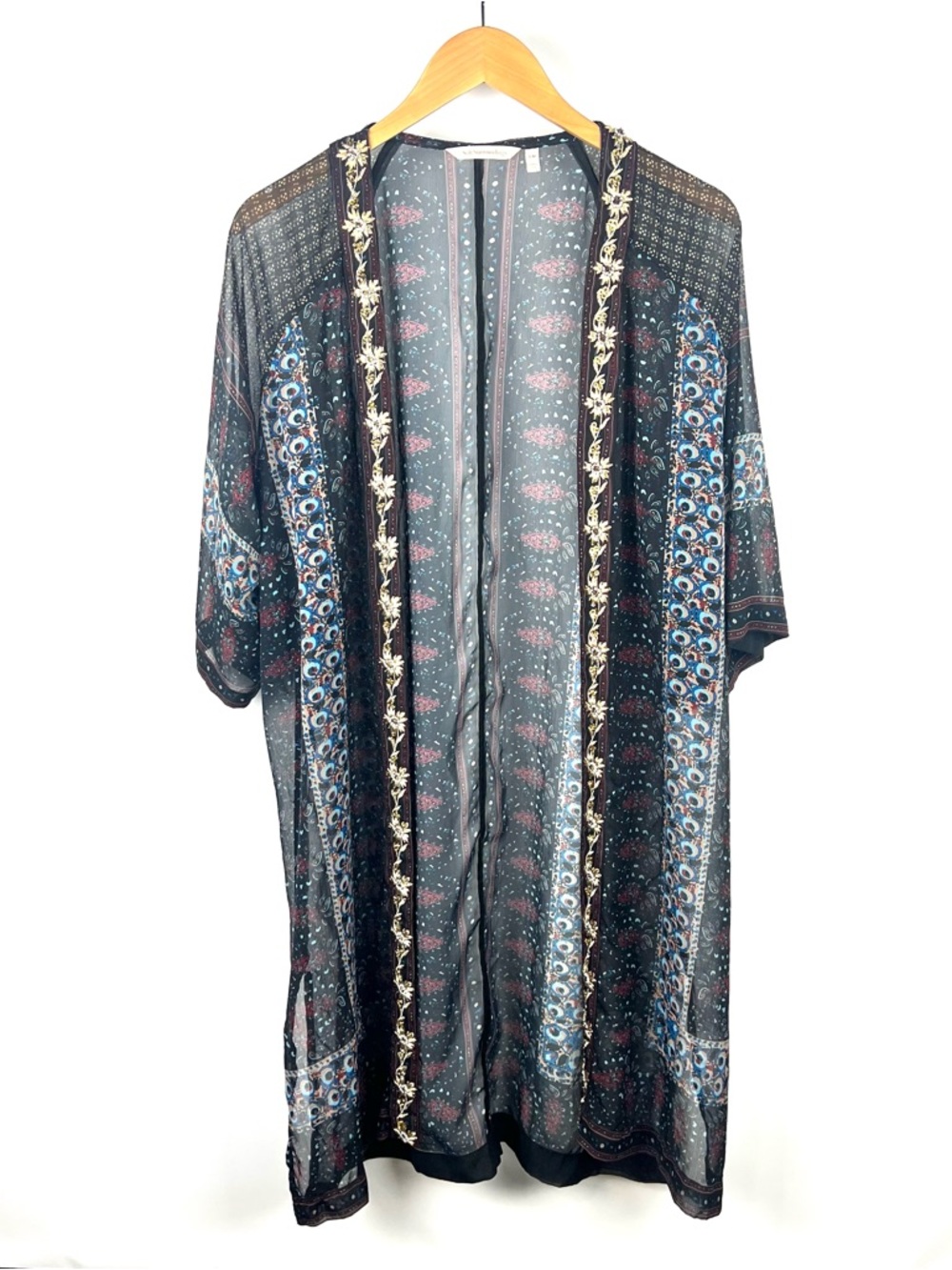 Soft Surroundings Sheer Embellished Printed Kimono Cardigan Black Size S/M
